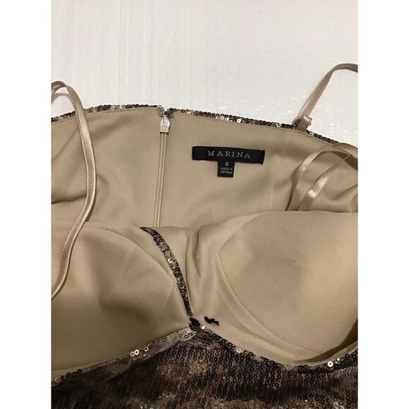 MARINA Brown Leopard Print Dress Spaghetti Strap W/ Split Formal Sequin Gown 8 - Picture 4 of 4